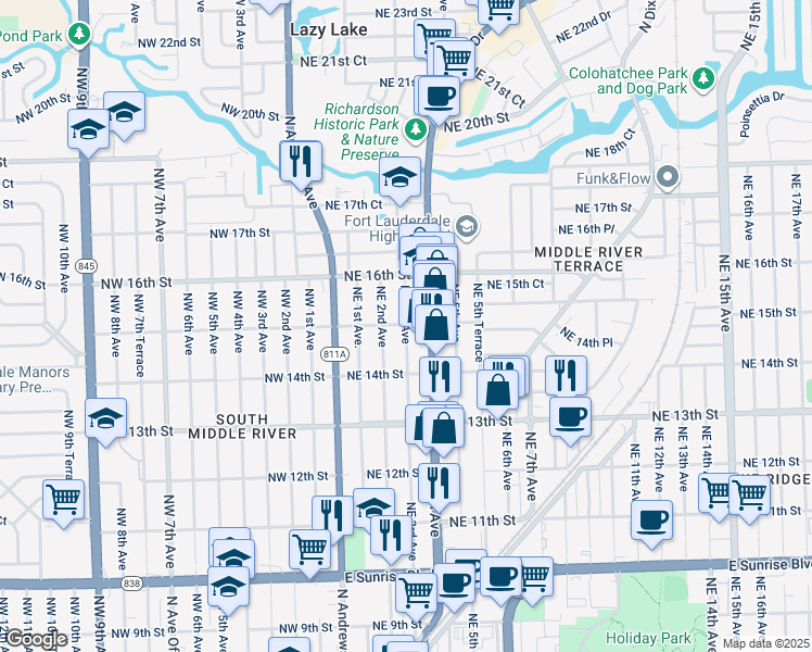 map of restaurants, bars, coffee shops, grocery stores, and more near 1429 Northeast 3rd Avenue in Fort Lauderdale
