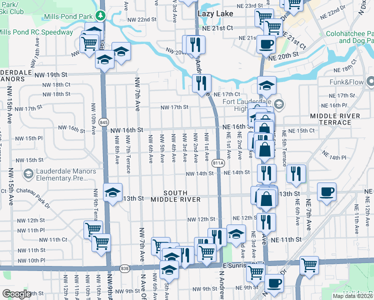 map of restaurants, bars, coffee shops, grocery stores, and more near 1433 Northwest 2nd Avenue in Fort Lauderdale