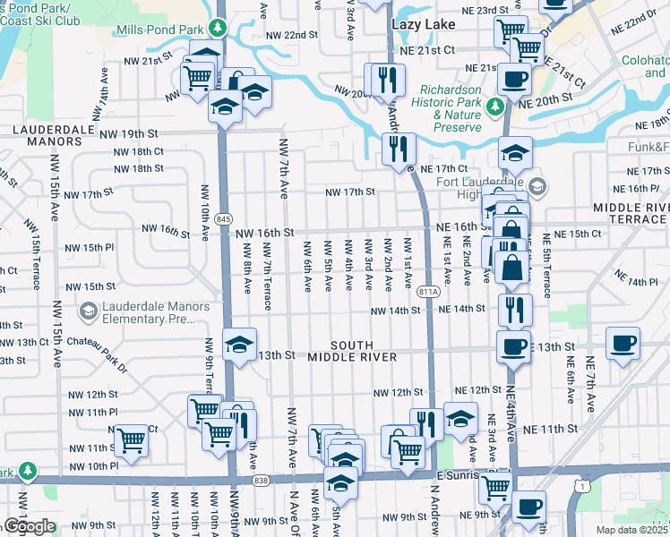 map of restaurants, bars, coffee shops, grocery stores, and more near 1433 Northwest 5th Avenue in Fort Lauderdale