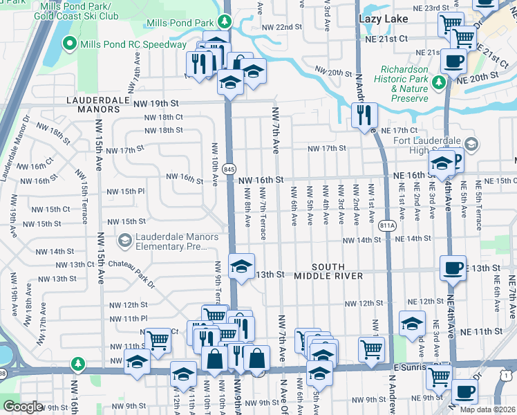 map of restaurants, bars, coffee shops, grocery stores, and more near 1439 Northwest 7th Terrace in Fort Lauderdale