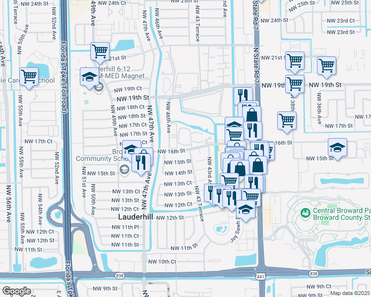 map of restaurants, bars, coffee shops, grocery stores, and more near 4411 Northwest 15th Street in Lauderhill
