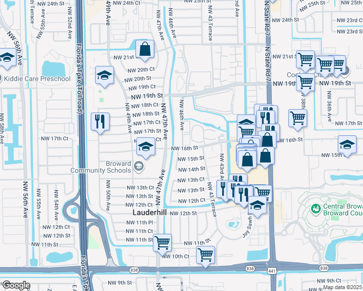 map of restaurants, bars, coffee shops, grocery stores, and more near 1521 Northwest 46th Avenue in Lauderhill