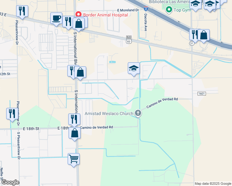 map of restaurants, bars, coffee shops, grocery stores, and more near 3820 Camino Real Viejo Road in Weslaco
