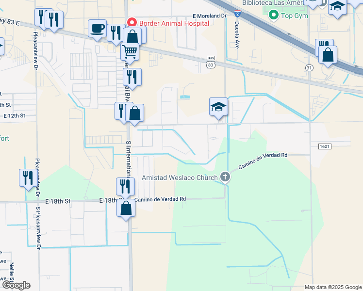map of restaurants, bars, coffee shops, grocery stores, and more near 3820 Camino Real Viejo Road in Weslaco
