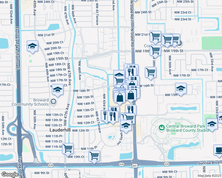 map of restaurants, bars, coffee shops, grocery stores, and more near 1490 Northwest 43rd Avenue in Lauderhill