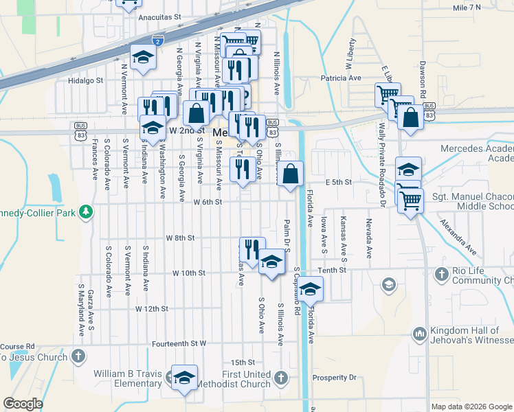 map of restaurants, bars, coffee shops, grocery stores, and more near 645 South Ohio Avenue in Mercedes