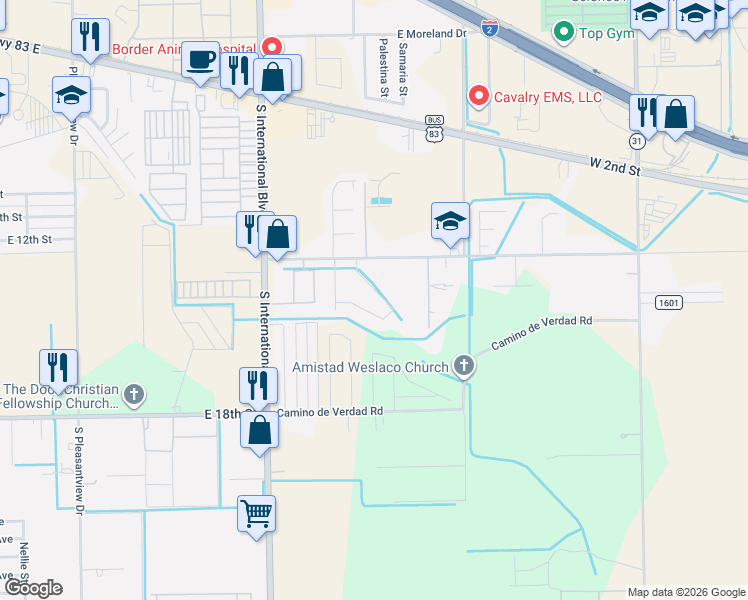 map of restaurants, bars, coffee shops, grocery stores, and more near 3918h Las Vistas Lane in Weslaco