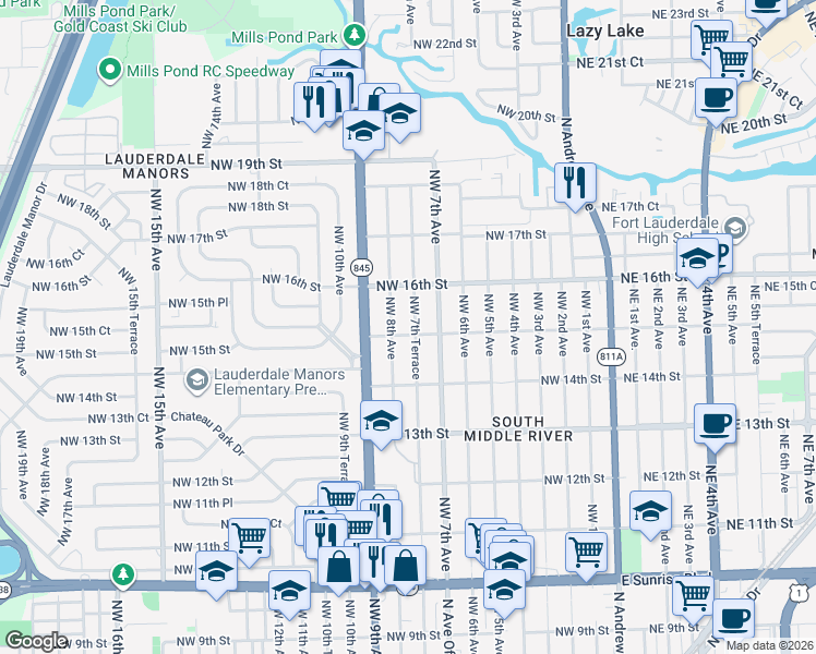 map of restaurants, bars, coffee shops, grocery stores, and more near 1439 Northwest 7th Terrace in Fort Lauderdale