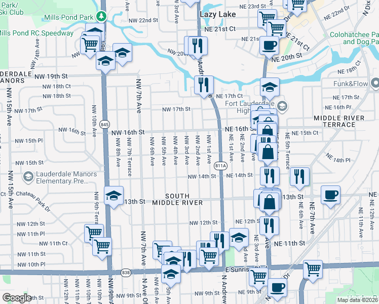 map of restaurants, bars, coffee shops, grocery stores, and more near 1433 Northwest 2nd Avenue in Fort Lauderdale