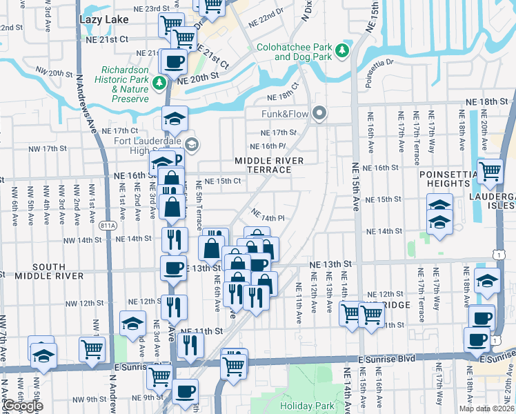 map of restaurants, bars, coffee shops, grocery stores, and more near 811 Northeast 14th Place in Fort Lauderdale