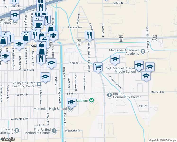map of restaurants, bars, coffee shops, grocery stores, and more near 685 Chapman Street in Mercedes