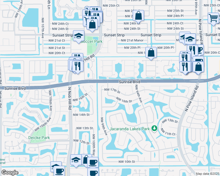 map of restaurants, bars, coffee shops, grocery stores, and more near in Plantation