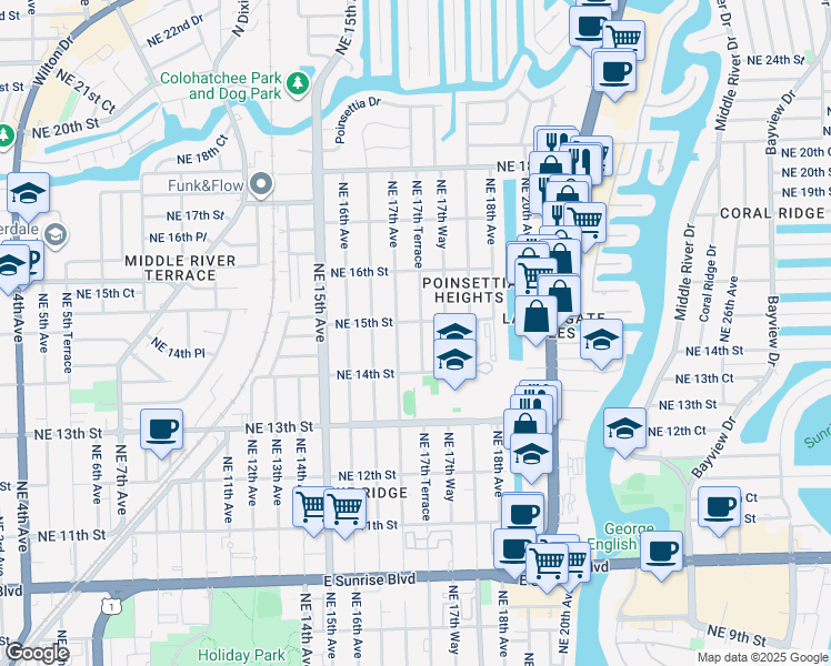 map of restaurants, bars, coffee shops, grocery stores, and more near 1505 Northeast 17th Terrace in Fort Lauderdale