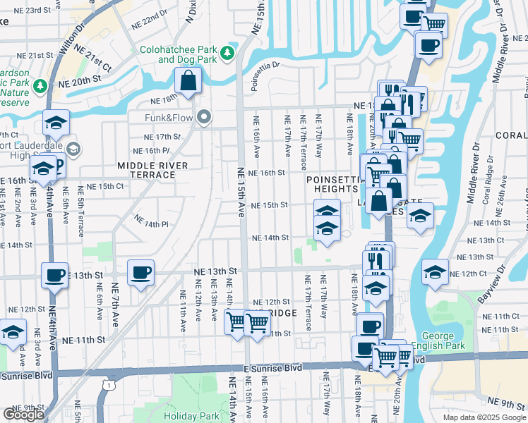 map of restaurants, bars, coffee shops, grocery stores, and more near 1504 Northeast 16th Terrace in Fort Lauderdale