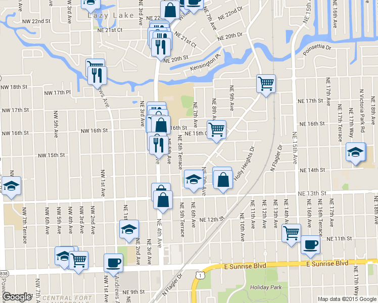 map of restaurants, bars, coffee shops, grocery stores, and more near 616 Northeast 15th Street in Fort Lauderdale