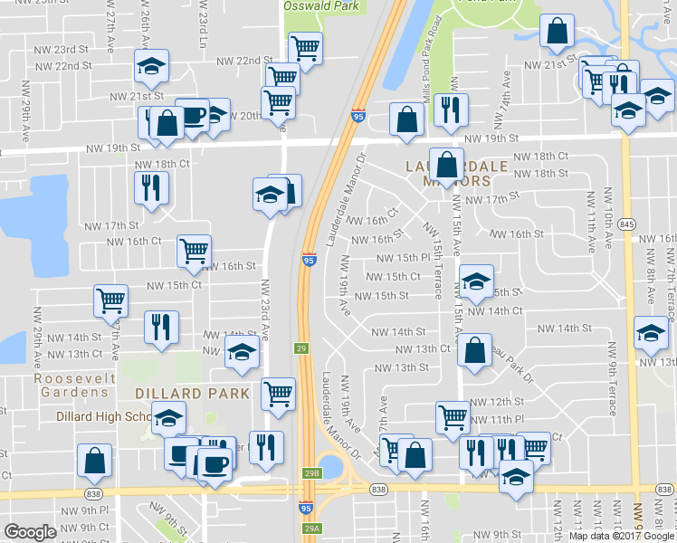 map of restaurants, bars, coffee shops, grocery stores, and more near 1540 Northwest 19th Avenue in Fort Lauderdale