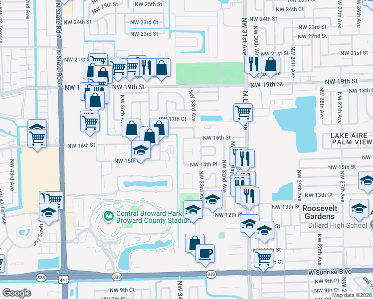 map of restaurants, bars, coffee shops, grocery stores, and more near 3320 Northwest 16th Street in Fort Lauderdale