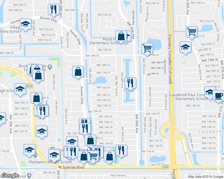 map of restaurants, bars, coffee shops, grocery stores, and more near 5861 Northwest 16th Place in Sunrise