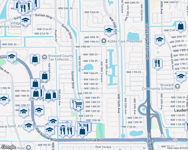 map of restaurants, bars, coffee shops, grocery stores, and more near 5941 Northwest 16th Place in Sunrise