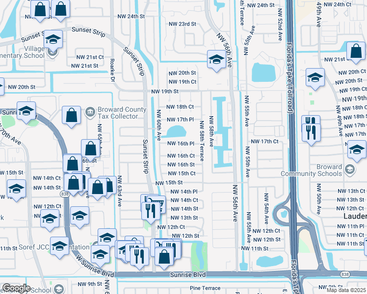map of restaurants, bars, coffee shops, grocery stores, and more near 5941 Northwest 16th Place in Sunrise