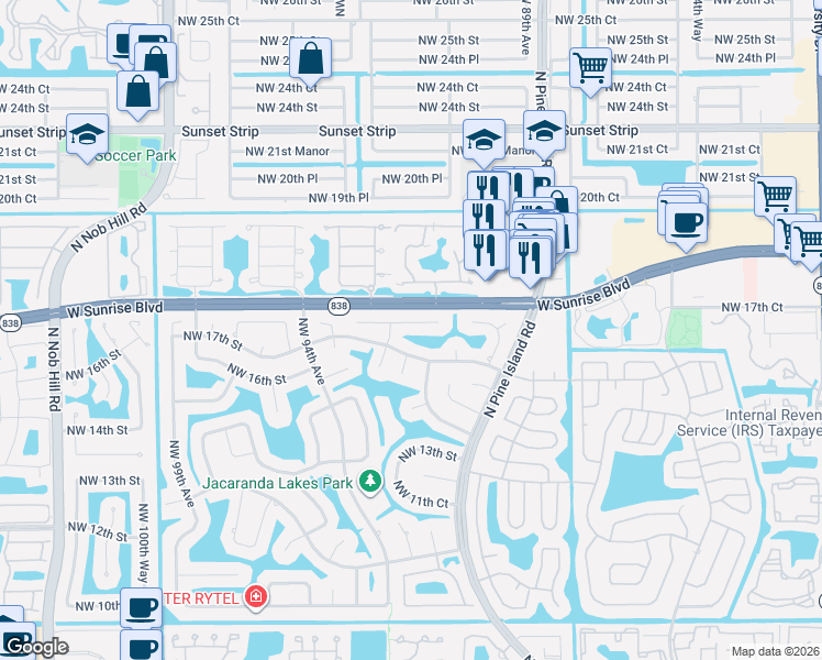 map of restaurants, bars, coffee shops, grocery stores, and more near 9285 Northwest 18th Street in Plantation