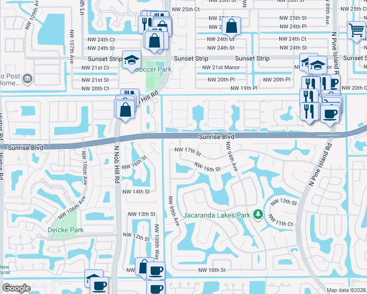 map of restaurants, bars, coffee shops, grocery stores, and more near in Plantation