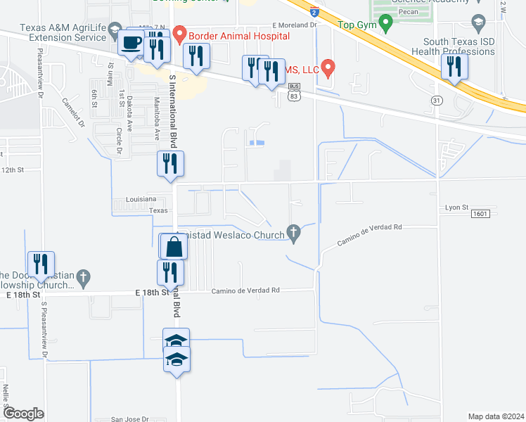 map of restaurants, bars, coffee shops, grocery stores, and more near 3820 Camino Real Viejo Road in Weslaco