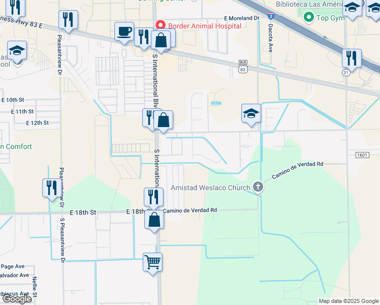 map of restaurants, bars, coffee shops, grocery stores, and more near 1305 Alta Vista Drive in Weslaco