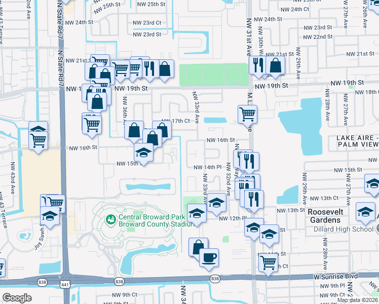 map of restaurants, bars, coffee shops, grocery stores, and more near 3320 Northwest 16th Street in Fort Lauderdale