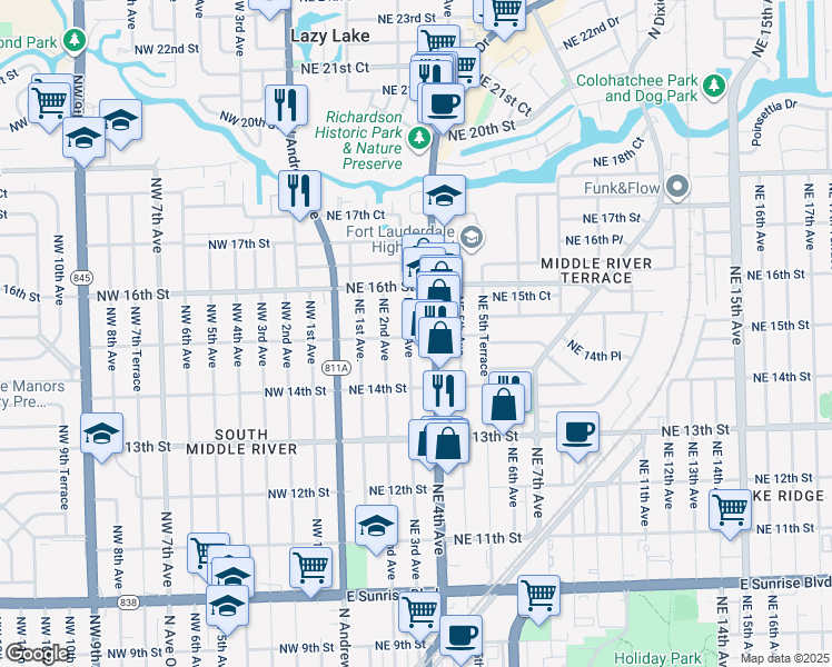 map of restaurants, bars, coffee shops, grocery stores, and more near 1517 Northeast 3rd Avenue in Fort Lauderdale