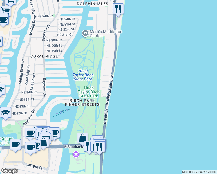map of restaurants, bars, coffee shops, grocery stores, and more near 1427 Florida A1A in Fort Lauderdale