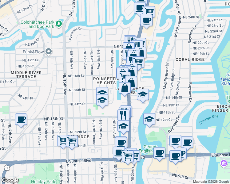 map of restaurants, bars, coffee shops, grocery stores, and more near 1791 Northeast 15th Street in Fort Lauderdale