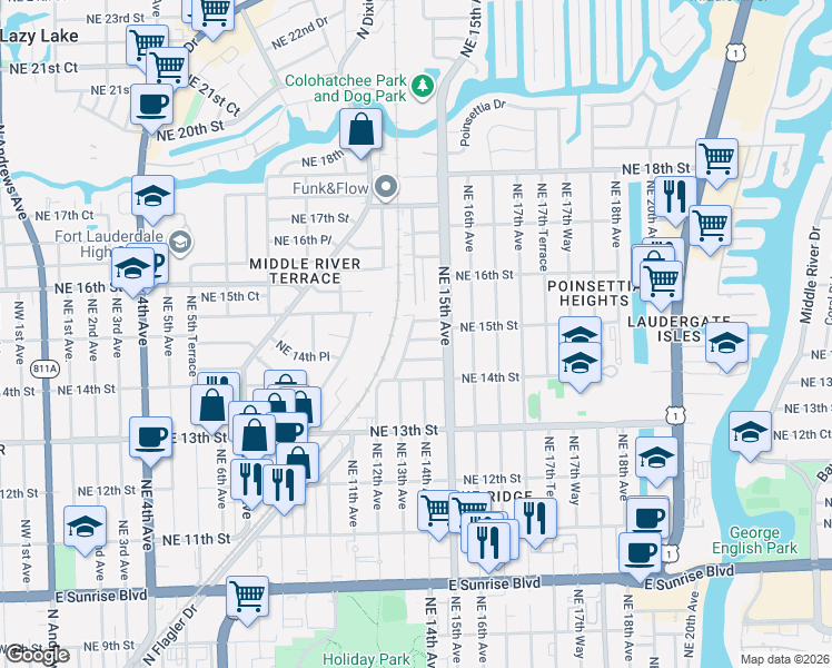 map of restaurants, bars, coffee shops, grocery stores, and more near 1301 Northeast 15th Street in Fort Lauderdale