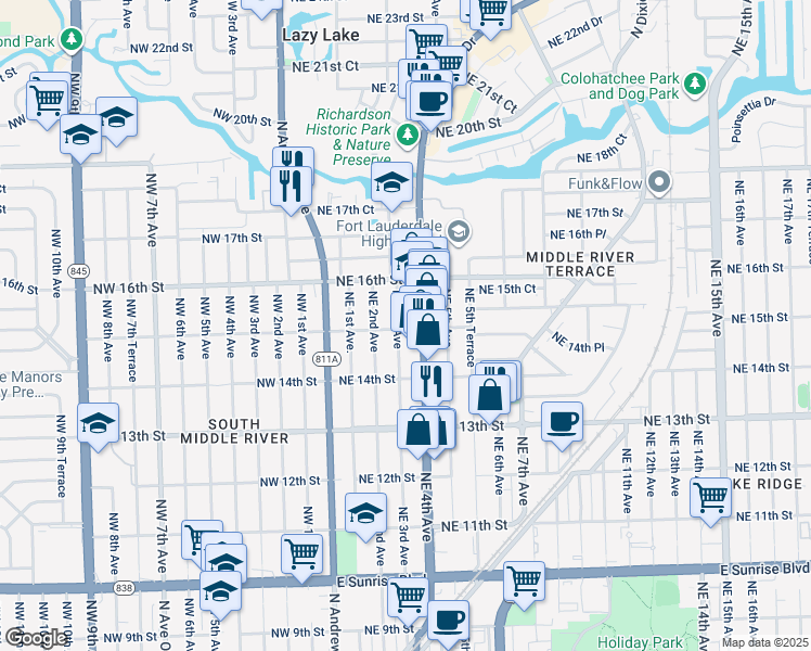 map of restaurants, bars, coffee shops, grocery stores, and more near 1517 Northeast 3rd Avenue in Fort Lauderdale