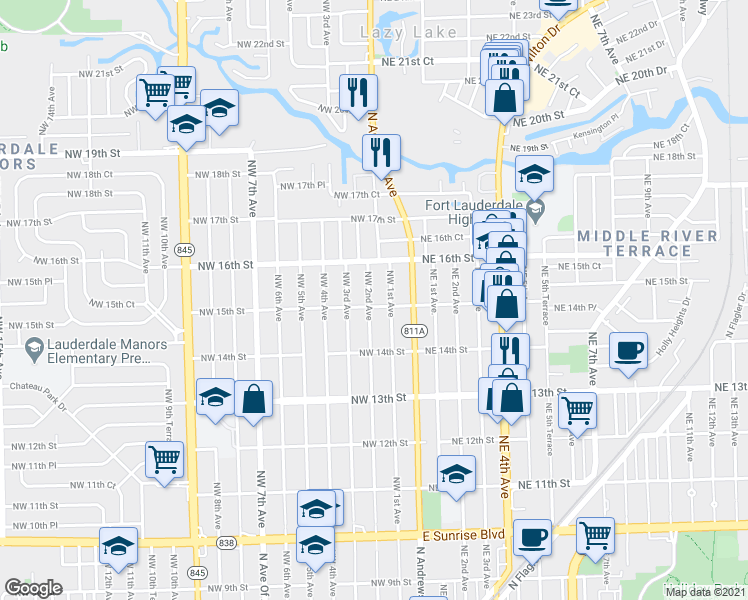 map of restaurants, bars, coffee shops, grocery stores, and more near 1525 Northwest 2nd Avenue in Fort Lauderdale
