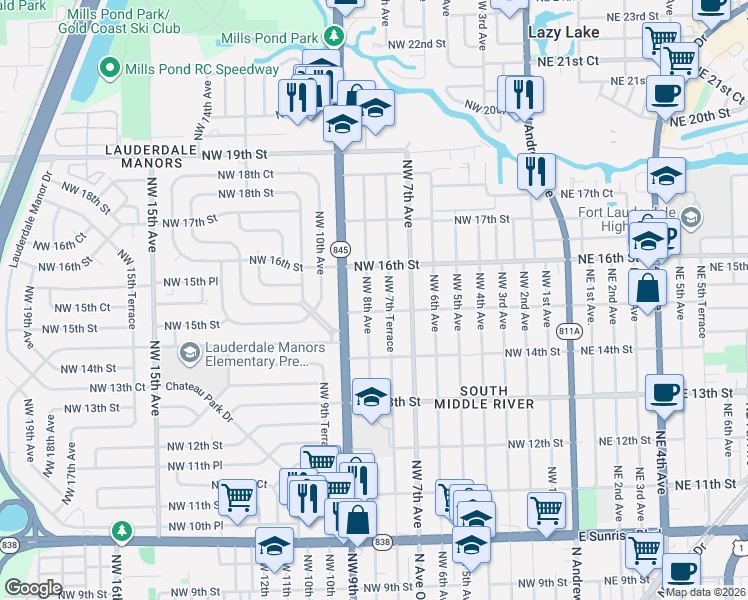 map of restaurants, bars, coffee shops, grocery stores, and more near 1527 Northwest 7th Terrace in Fort Lauderdale