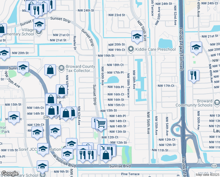 map of restaurants, bars, coffee shops, grocery stores, and more near 5971 Northwest 16th Place in Sunrise