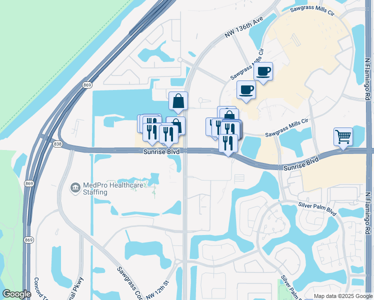 map of restaurants, bars, coffee shops, grocery stores, and more near in Sunrise