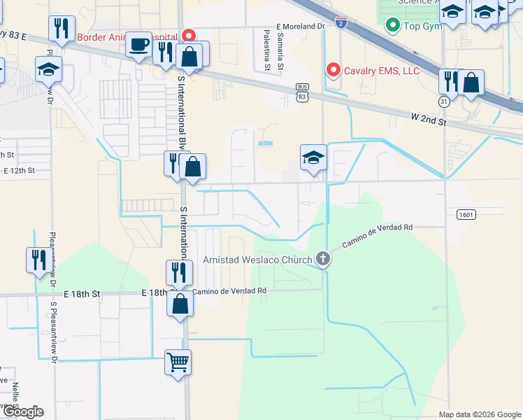 map of restaurants, bars, coffee shops, grocery stores, and more near 3820 Camino Real Viejo Road in Weslaco