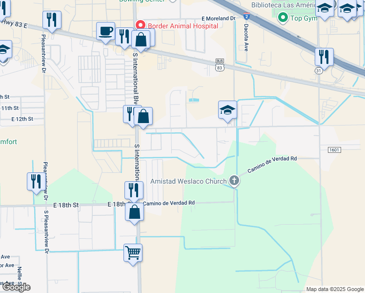 map of restaurants, bars, coffee shops, grocery stores, and more near 3615 Camino Real Viejo in Weslaco