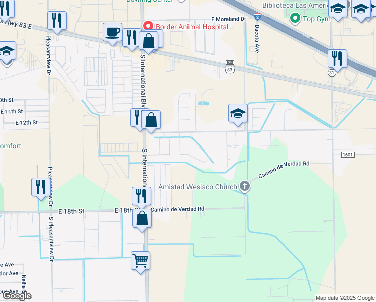 map of restaurants, bars, coffee shops, grocery stores, and more near 3615 Camino Real Viejo in Weslaco