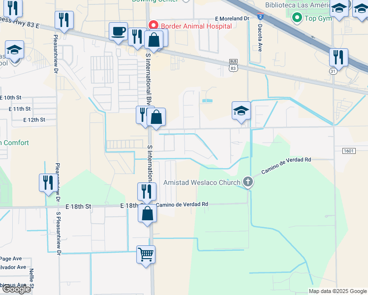 map of restaurants, bars, coffee shops, grocery stores, and more near 3615 Camino Real Viejo in Weslaco