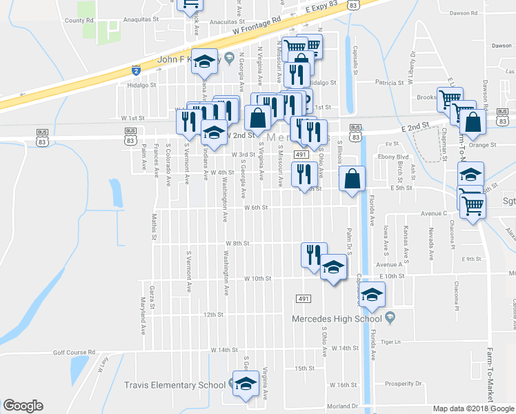 map of restaurants, bars, coffee shops, grocery stores, and more near West 6th Street in Mercedes