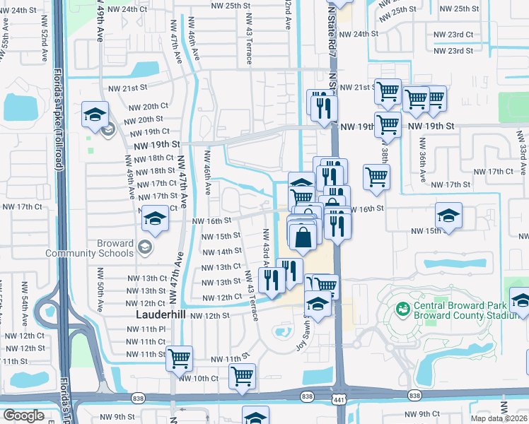 map of restaurants, bars, coffee shops, grocery stores, and more near 4299 Northwest 16th Street in Lauderhill