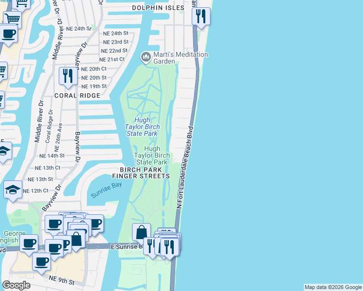 map of restaurants, bars, coffee shops, grocery stores, and more near 3306 Northeast 15th Street in Fort Lauderdale