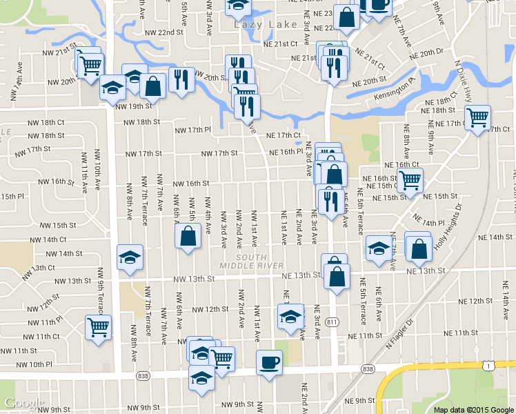 map of restaurants, bars, coffee shops, grocery stores, and more near 1521 North Andrews Avenue in Fort Lauderdale