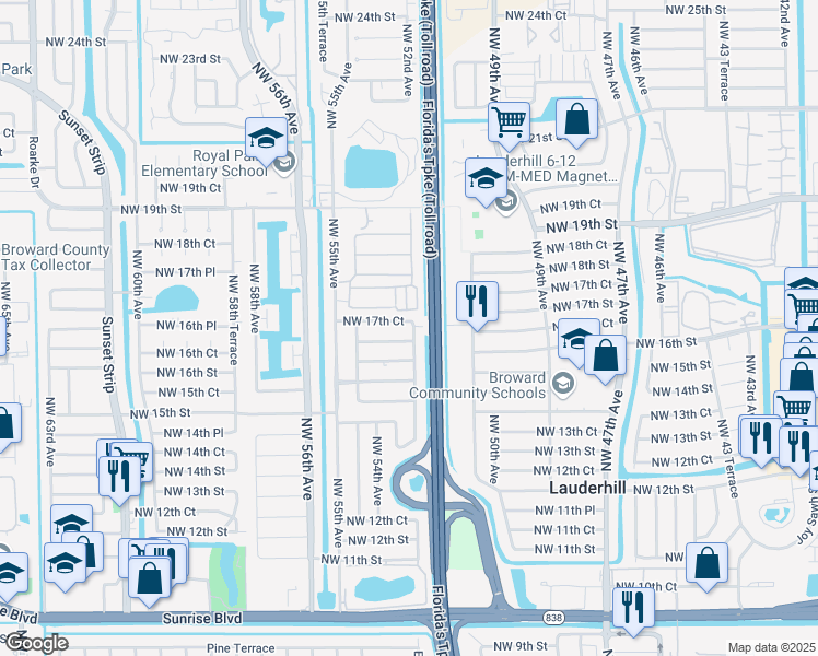map of restaurants, bars, coffee shops, grocery stores, and more near 5201 Northwest 17th Court in Lauderhill