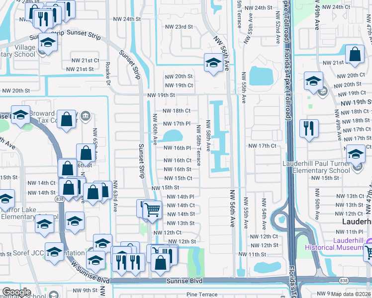 map of restaurants, bars, coffee shops, grocery stores, and more near 5941 Northwest 16th Place in Sunrise
