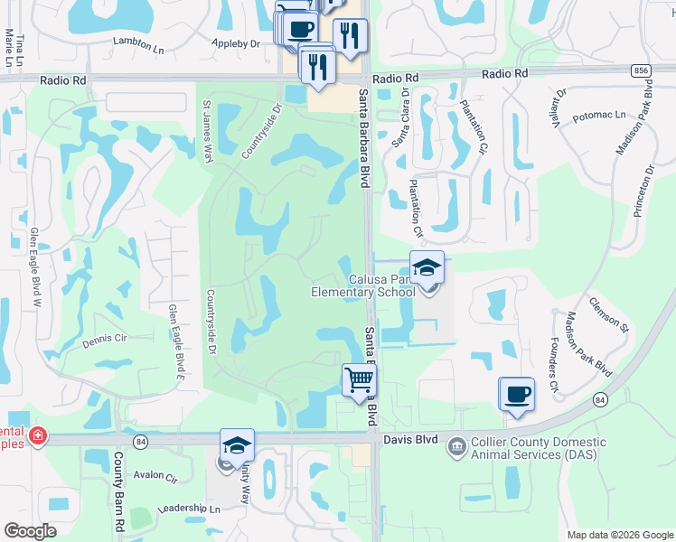 map of restaurants, bars, coffee shops, grocery stores, and more near 7360 Saint Ives Way in Naples