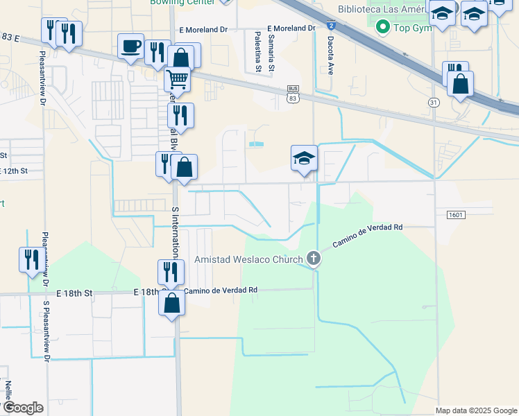 map of restaurants, bars, coffee shops, grocery stores, and more near 3820 Camino Real Viejo Road in Weslaco
